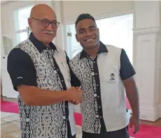  ??  ?? Fiji Airways Fijian 7s player Seremaia Tuwai with President Major General (Ret’d) Jioji Konrote at the State House, Suva on September 13,2019. Photo: Simione Haravanua.