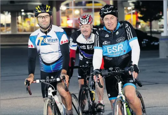  ?? NICK BRANCACCIO/THE Windsor Star ?? Cyclists Robb Lovell, left, Bob Lajoy, right, and Wayne Lessard, along with other county riders, will have to adjust to Amherstbur­g’s bylaw of single-file formation
within the town’s limits.