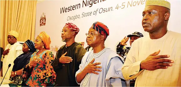  ??  ?? Oyo State Deputy Governor, Otunba Moses Adeyemo (left); his counterpar­ts, Idiat Oluranti Adebule (Lagos); Otunba Grace Titi-laoye Tomori (Oyo); Osun State Governor Ogbeni Rauf Aregbesola; Osun State Governor-elect, Gboyega Oyetola and Secretary to the State Government of Ekiti, Abiodun Oyebanji, during the Western Nigeria Governor Forum at the Government House, Osogbo …yesterday.