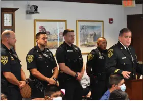  ?? PHOTO COURTESY OF MONTGOMERY COUNTY SHERIFF’S OFFICE ?? Montgomery County Sheriff Sean Kilkenny, right at podium, introduces members of his office’s honor guard: Chief Adam Berry, Mike Wambold, Todd Cappiello and Bryan Lukens.