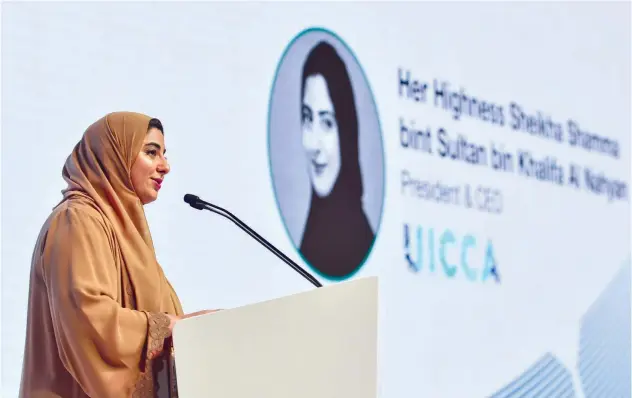  ?? ?? ↑ Sheikha Shamma speaks at the opening of the event in Abu Dhabi on Tuesday. WAM