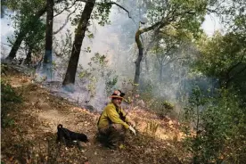  ??  ?? Rick O’Rourke, Yurok fire practition­er, with his dog Puppers during the prescribed burn in Weitchpec, California.