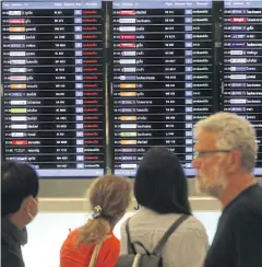  ??  ?? TRAVEL RUSH: People check the status of their flights at Suvarnabhu­mi airport. Airlines are competing for customers during the holidays by lowering ticket prices.