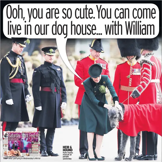  ??  ?? TRIP Wills’ partying in Wednesday’s Mirror HEIR & HOUND Kate meets mascot at parade yesterday