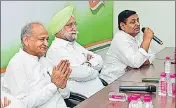  ?? ?? Former CM Ashok Gehlot, in-charge Sukhjinder Randhawa and state party president Govind Singh Dotasara during a meeting.