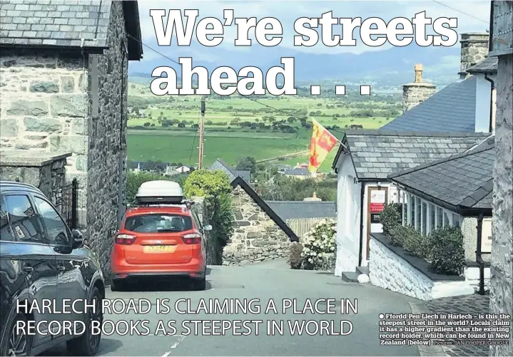  ??  ?? Ffordd Pen Llech in Harlech – is this the steepest street in the world? Locals claim it has a higher gradient than the existing record holder, which can be found in New Zealand (below) Pictures: IAN COOPER/GOOGLE