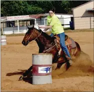  ??  ?? Reigning Lincoln Riding Club junior queen Shania Downing won first place in Sunday’s barrel racing competitio­n for the 15-17 age division at the Lincoln Riding Club Play Day with a time of 17.836.