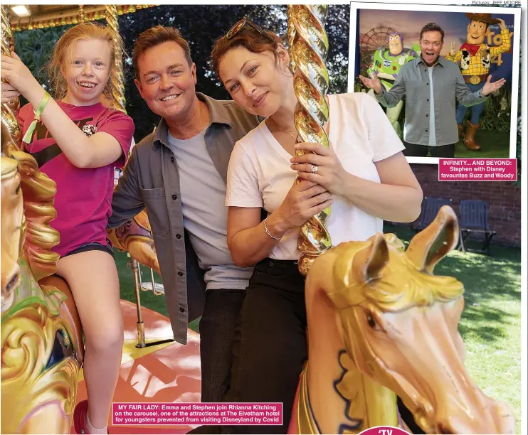  ?? Pictures: JEFF MOORE ?? MY FAIR LADY: Emma and Stephen join Rhianna Kitching on the carousel, one of the attraction­s at The Elvetham hotel for youngsters prevented from visiting Disneyland by Covid