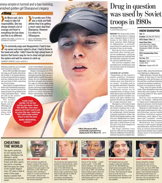  ?? GETTY ?? Maria Sharapova will be provisiona­lly suspended from playing tennis from March 12.
