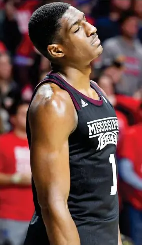  ??  ?? Mississipp­i State forward Reggie Perry reacts during Tuesday night's game against Ole Miss in Oxford. (Photo by Thomas Graning, AP)