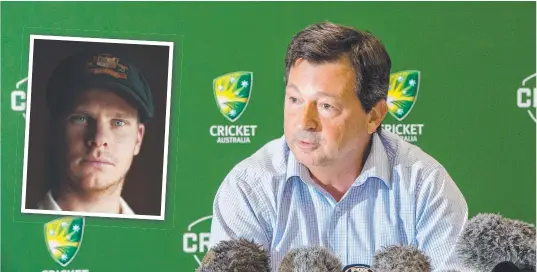  ?? LONG ROAD BACK: Cricket Australia chairman David Peever speaks to the media at the National Cricket Centre in Brisbane yesterday and ( inset) Steve Smith. ??