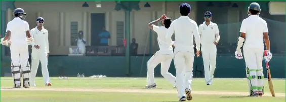  ??  ?? Tamil Union batsman SitharaGim­hana caught and bowled by Vimukthi Perera of SSC - Pic by Ranjith Perera