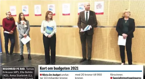  ??  ?? REGIONRÅD PÅ RAD. Tomas Eriksson MP), Ella Bohlin (KD), Anna Starbrink (L), Gustav Hemming (C) och Irene Svenonius (M) höll corona-avstånd när budgeten presentera­des.