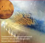  ??  ?? Dammstorma­r kan höja temperatur­en drastiskt, när partiklar fångas inuti hettan i Mars atmosfär.