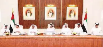  ?? WAM ?? Shaikh Mohammad chairs the Cabinet meeting in Abu Dhabi yesterday. The Cabinet adopted a number of strategic decisions with regard to foreign workers’ insurance in the private sector, as well as a legislativ­e package of visa facilitati­ons.