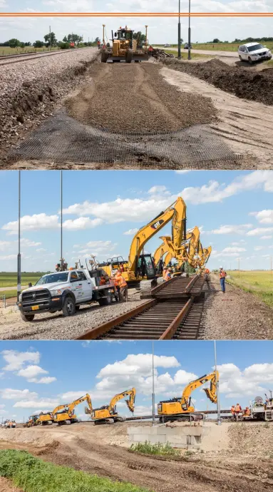  ?? Three photos, BNSF Railway ?? Double-tracking work on BNSF’s Emporia Subdivisio­n sees grading for the second track, and heavy machinery nudging new track panels into place. The work to close nine single-track gaps in a 90-mile stretch of the Southern Transcon in Kansas began in 2019 and should conclude in 2022.