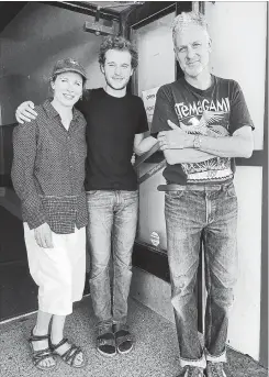  ??  ?? Wendy, Jacob and John Tutt in renovation mode at the Playhouse Cinema on Sherman Avenue North. They bought the building in February and plan to have it ready to show art house films in the fall.