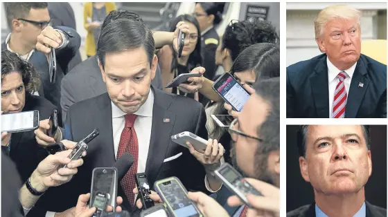  ?? Pictures: Getty/AP. ?? Clockwise from left: Senator Marco Rubio speaks to reporters on Capitol Hill, Washington, in the wake of FBI director James Comey’s surprise dismissal; US President Donald Trump; and Mr Comey.
