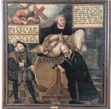  ?? FOTO: C. FLEMMING ?? Das Spottbild (16. Jahrhunder­t), auf dem Luther den Papst auf einen Schleifste­in legt, stammt von einem unbekannte­n Künstler.