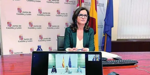  ?? JCYL ?? La consejera de Empleo e Industria, Ana Carlota Amigo, participa en la videoconfe­rencia con la ministra de Trabajo y Economía Social, Yolanda Díaz