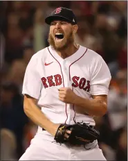  ?? NANCY LANE / BOSTON HERALD FILE ?? Chris Sale reacts after striking out Houston’s Kyle Tucker to retire the side during Game 5 of the ALCS at Fenway Park on Oct. 20.