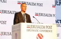  ?? (Sivan Farag) ?? PLURISTEM CO-CEO Yaky Yanay speaks at the Jerusalem Post Diplomatic Conference in the capital’s Waldorf Astoria on Wednesday about his company’s groundbrea­king work combating potential radiation catastroph­es.