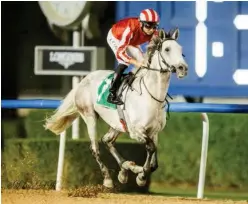  ?? ?? ↑
RB Rich Lyke Me, ridden by Adrie de Vries, races towards the finish line to win the Group 2 Bani Yas race at the Meydan Racecourse on Thursday.
