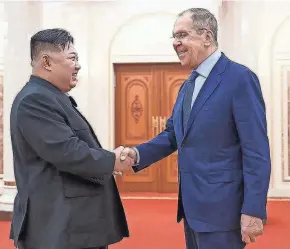  ?? RUSSIAN FOREIGN MINISTRY PRESS SERVICE TELEGRAM CHANNEL VIA AP ?? North Korean leader Kim Jong Un and Russian Foreign Minister Sergey Lavrov meet Thursday. Lavrov arrived in the North Korean capital, Pyongyang, Wednesday.
