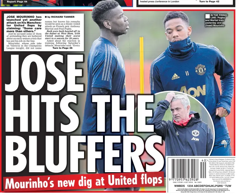  ??  ?? IN THE FIRING LINE: Pogba and Martial train yesterday and (inset) Mourinho