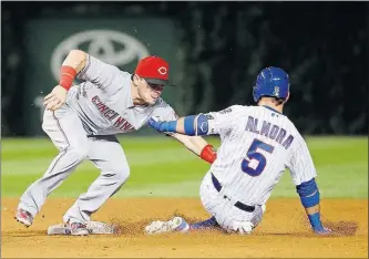  ?? ASSOCIATED PRESS] [CHARLES REX ARBOGAST/THE ?? Reds second baseman Scooter Gennett tags out Albert Almora Jr. of the Cubs after Almora tried to stretch his hit to a double during the seventh inning.