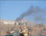  ?? AP ?? Black smoke rises from the Interconti­nental Hotel in Kabul.