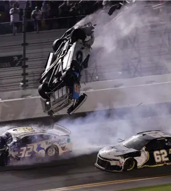  ??  ?? SCARY SCENE: Ryan Newman’s car is airborn with the driver inside during a crash at Daytona Internatio­nal Speedway last weekend. Newman is out of the hospital, and fellow drivers are trying to move on in Las Vegas this weekend.