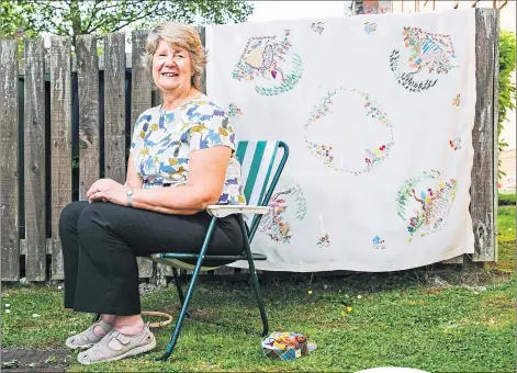  ??  ?? Marion with the finished embroidery at home in Dennistoun, Glasgow, and right, with late husband Tommy on their wedding day in 1960