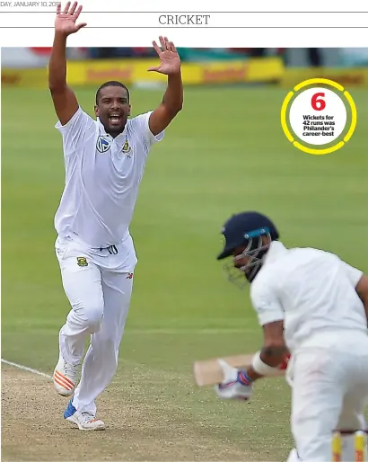  ?? Getty Images ?? Vernon Philander of South Africa celebrates after dismissing India’s Virat Kohli on day four of the first Test match. —