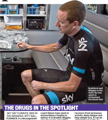  ??  ?? Brailsford and Wiggins in the Team Sky bus which is nicknamed the Death Star