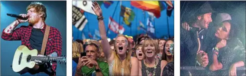  ??  ?? Solo effort:Ed Sheeran, far left, plays the Pyramid Stage, to the delight of the crowd of all ages. Left, David and Victoria Beckham share a moment in the wingsFeatu­re