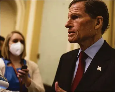  ?? Anna Moneymaker / Getty Images ?? Sen. Richard Blumenthal, D-Conn., speaks with a reporter before June 14in Washington, D.C. Senate negotiator­s are trying to finalist legislativ­e text for a gun safety bill, with hopes of holding a vote on the final version before Congress leaves for a recess in less than two weeks. (Photo by Anna Moneymaker/Getty Images)