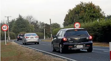  ??  ?? Drivers are still coming to terms with the lower speed limits in the Waipa¯ district, like this one in Mystery Creek Rd, which is now 60kmh, just ahead of the Mystery Creek Events Centre.