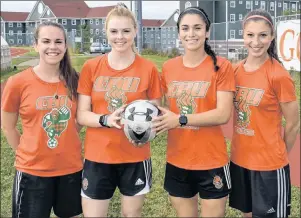  ?? JEREMY FRASER/CAPE BRETON POST ?? The Cape Breton Capers will begin their defence of the Atlantic University Sport women’s soccer title when they open the league’s regular season against the New Brunswick Reds on Saturday at 1 p.m. at the Cape Breton Health Recreation Complex. From left, teams captains Chantal Caron, Kennedy Curry, Ciera Disipio and Becky Hanna.