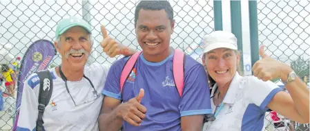  ?? Photo: Peni Komaisavai ?? Team Fiji Beach Volleyball coaching team Todd Edwards, official Jo Tulele and manager Allexis Edwards celebrate after a job well done during the Pacific Mini Games in Vanuatu on December 15, 2017.