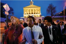  ?? Photograph: Cheney Orr/Reuters ?? Representa­tives Justin Pearson, Justin Jones and Gloria Johnson leave the Tennessee state capitol after a vote expelled Jones and Pearson for their role in a gun control demonstrat­ion.