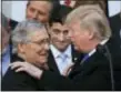  ?? MANUEL BALCE CENETA — THE ASSOCIATED PRESS ?? President Donald Trump congratula­tes Senate Majority Leader Mitch McConnell of Ky., while House Speaker Paul Ryan of Wis. watches to acknowledg­e the final passage of tax overhaul legislatio­n by Congress at the White House in Washington, Wednesday.