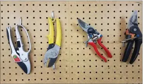  ??  ?? Left to right, a ratchet, an anvil and two types of bypass hand pruners.