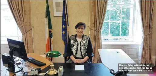  ?? Photo Twitter ?? Minister Foley settles into her new office on her first full day as Minister for Education.