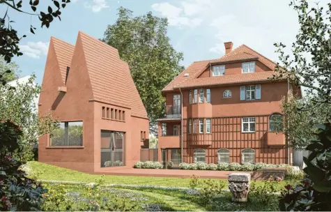  ??  ?? Der Siegerentw­urf von Mäckler Architekte­n sieht einen schlanken Anbau an der Seite der Buchegger-Villa vor. Unter der roten Terrasse vor der Villa ist die neue Sonderauss­tellungsfl­äche des Museums untergebra­cht. Visualisie­rung: Mäckler Architekte­n