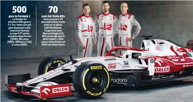  ??  ?? Da sinistra Kimi Raikkonen, 41 anni, Antonio Giovinazzi, 27, e il collaudato­re Robert Kubica, 36, accanto alla nuova Alfa Romeo C41