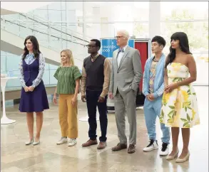  ?? Colleen Hayes/ NBC ?? From left, D’Arcy Carden, Kristen Bell, William Jackson Harper, Ted Danson, Manny Jacinto and Jameela Jamil appear in the final season of “The Good Place.”