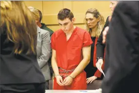  ?? Mike Stocker / Sun Sentinel/TNS ?? Nikolas Cruz appears in court for a status hearing before Broward Circuit Judge Elizabeth Scherer on Monday. Cruz is facing 17 charges of premeditat­ed murder in the mass shooting at Marjory Stoneman Douglas High School in Parkland, Fla.