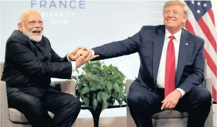  ?? |
Reuters ?? US President Donald Trump meets Indian Prime Minister Narendra Modi for bilateral talks at the G7 summit in Biarritz, France, yesterday.