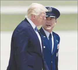  ?? AP PHOTO ?? President Donald Trump, with U.S. Air Force Col. Casey D. Eaton, Commander, 89th Airlift Wing, walk to Air Force One at Andrews Air Force Base, Md.